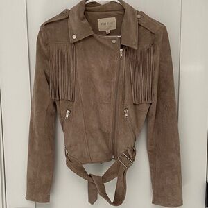 Moon River Tan Faux Suede Fringe Jacket